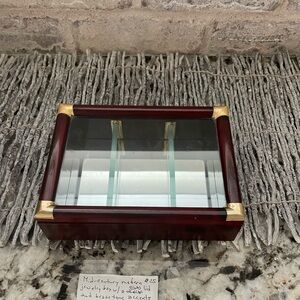 Mid-century Wood Jewelry Box With Gold Tone Brackets and Hinges.